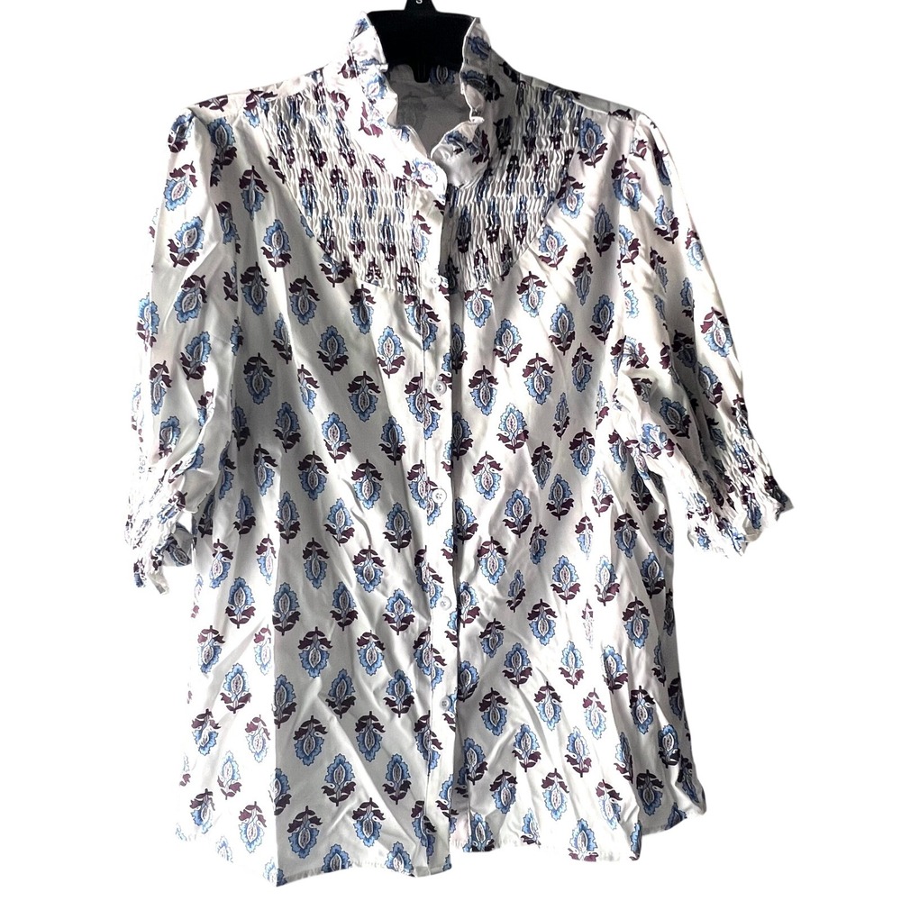 Womens L Blue Floral Block Print Smocked Ruffle Neck Button Up Blouse silky feel
